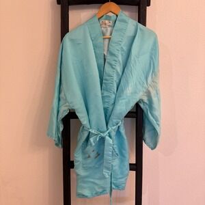 Vintage Golden Dragon Silk Robe Embroidered Asian Design Aqua Blue Kimono Style